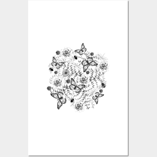 Black and white Butterflies and Bees Pattern Wall Art by AmandaDilworth